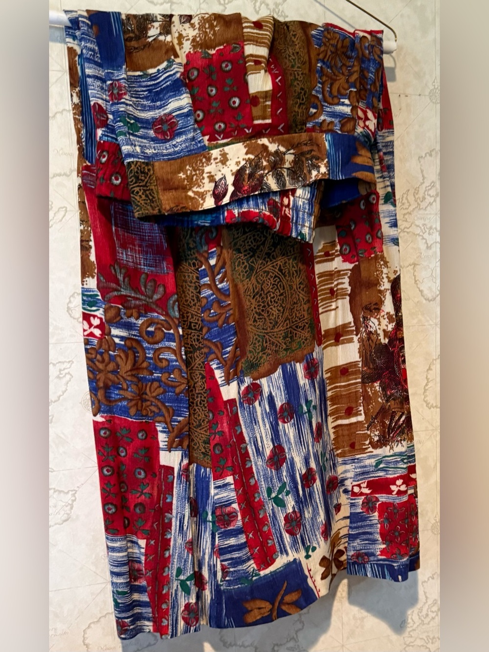 Patchwork Floral Midi Skirt in Red, Blue & Brown